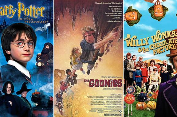 Le locandine dei film Harry Potter, I Goonies e Willy Wonka e la Fabbrica di Cioccolato 