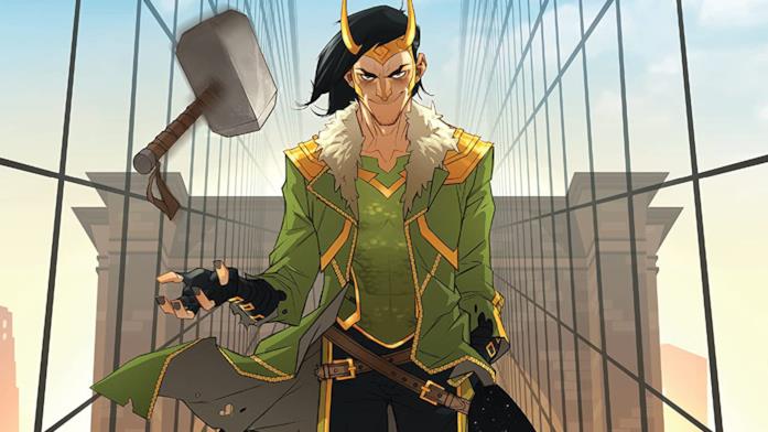 Loki, tornato al proprio destino da villain con l'aspetto di un adolescente Dettaglio della cover di Loki: The God Who Fell To Earth