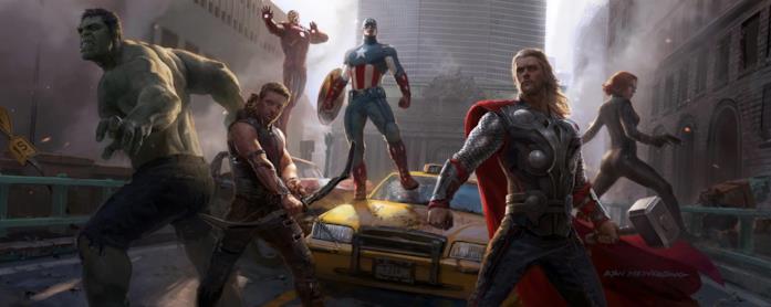Avengers uniti Hulk, Thor, Cap, Iron Man, Vedova Nera e Clint Barton