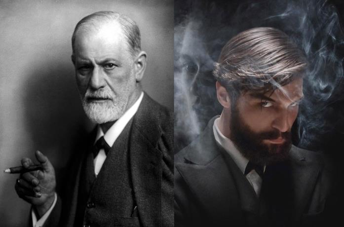Freud in una foto del 1922 e il protagonista della serie Netflix a confronto Freud in una foto del 1922 e il protagonista della serie Netflix circondato dal fumo del sigaro