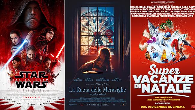 I poster dei film Star Wars: Gli Ultimi Jedi, La Ruota delle Meraviglie, Super Vacanze di Natale