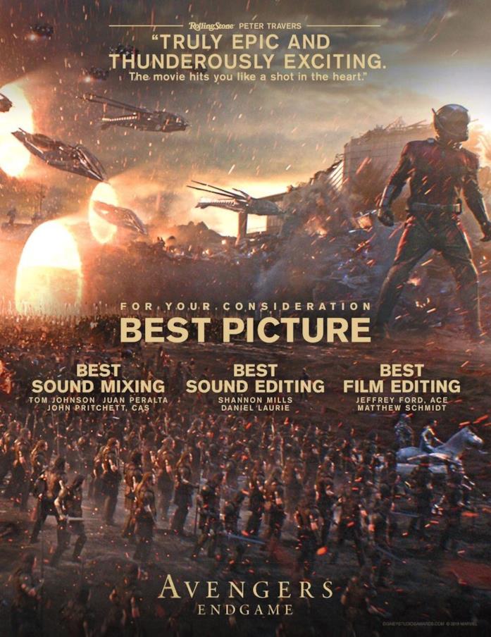 Il primo poster For Your Consideration con il quale vengono esplicitate le categorie degli Oscar per cui concorrerà Avengers: Endgame Il poster di Avengers: Endgame per gareggiare ai prossimi Oscar