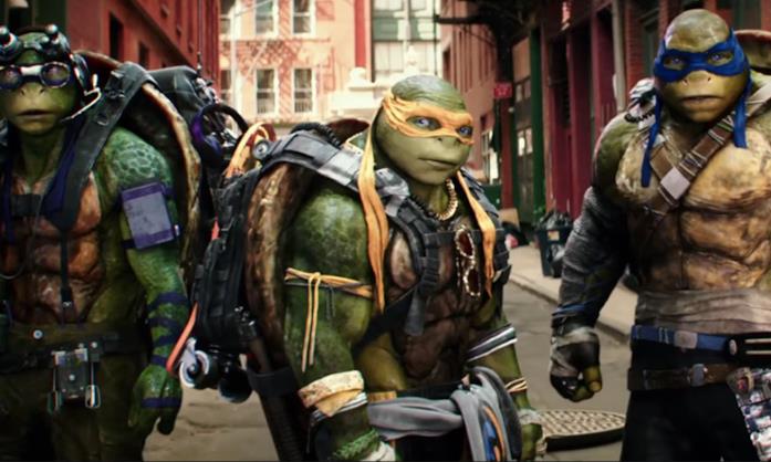 Tartarughe Ninja Donatello, Michelangelo e Leonardo in una sequenza del film del 2016