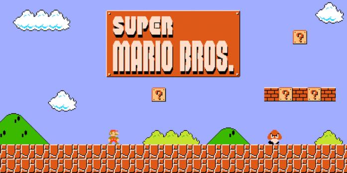 Una scena del primo capitolo della saga Super Mario Bros. Super Mario corre nel primo livello del primo videogioco della saga