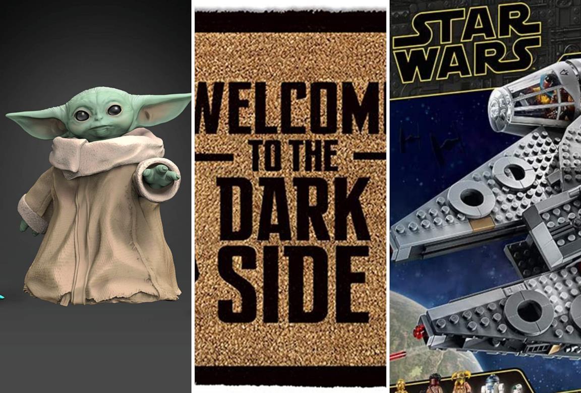 Da sinistra il Bambino di The Mandalorian, la scritta 'Benvenuti nel Lato Oscuro' e un LEGO