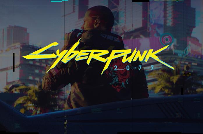Poster promozionale di Cyberpunk 2077, in primo piano il logo del videogioco