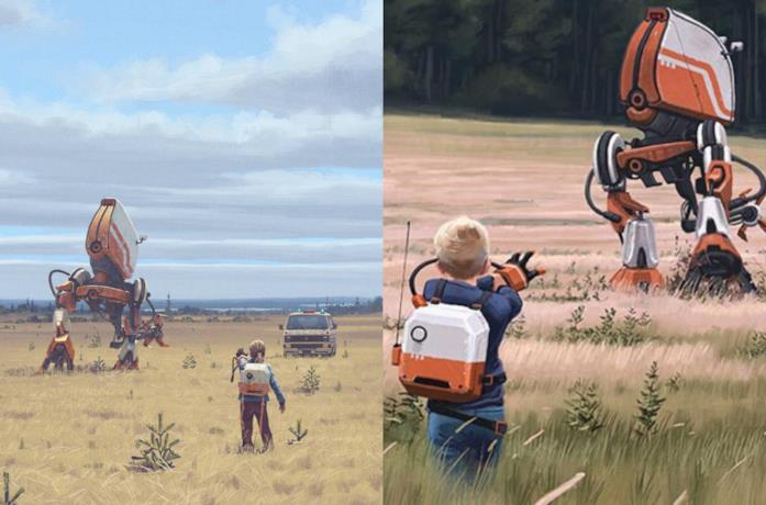 Un'illustrazione di Simon Stålenhag e il rifacimento per un poster della serie TV Un'illustrazione di Simon Stålenhag e il suo rifacimento per un poster della serie TV