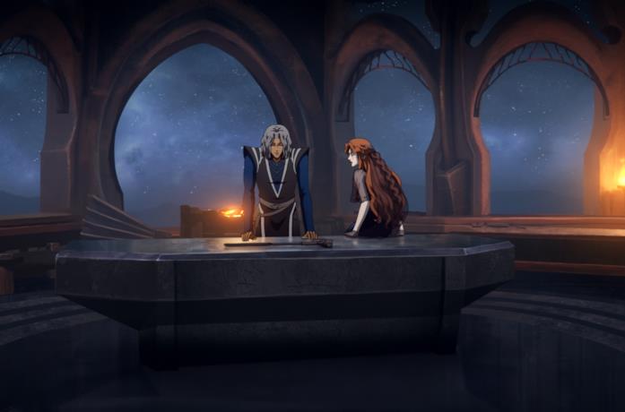Hector e Lenore nella serie televisiva Castlevania Hector e Lenore stanno discutendo all'interno di una grande stanza