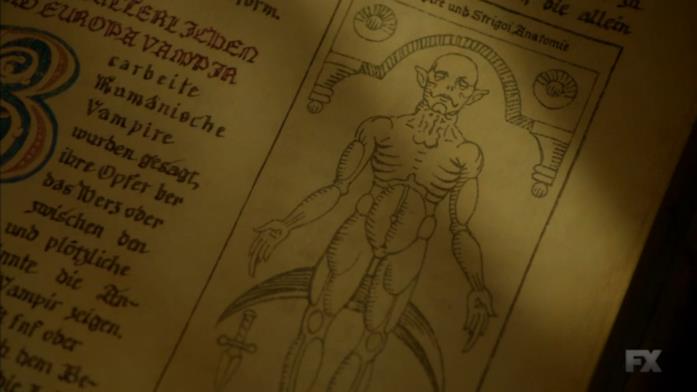 Una delle pagine del misterioso Occido Lumen, libro sugli strigoi Un vampiro illustrato sull'antico libro Occido Lumen