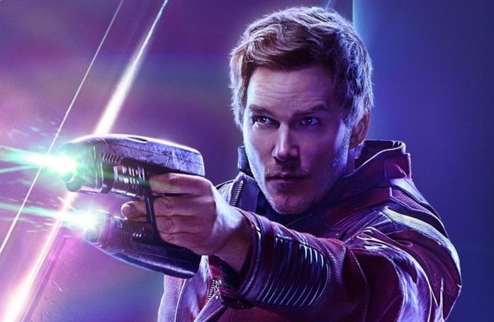 Un primo piano di Chris Pratt come Star-Lord nel poster di Avengers: Infinity War