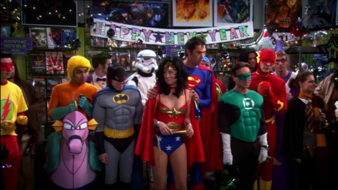 The Big Bang Theory, la Justice League The Big Bang Theory, i ragazzi con i costumi della Justice League