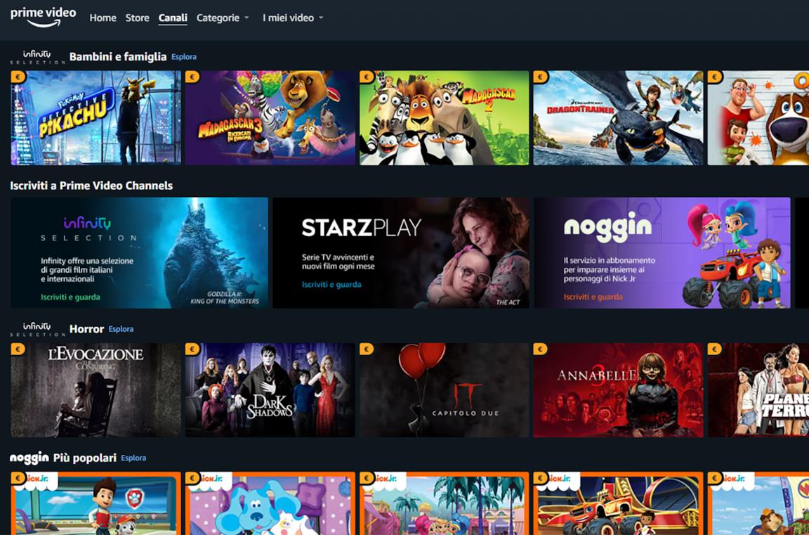 La Home della sezione Canali di Amazon Prime Video