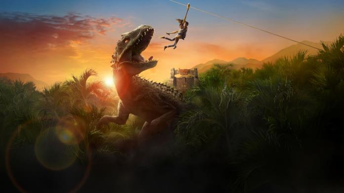 Un'immagine dalla prima stagione di Jurassic World: Nuove avventure Due dei ragazzi protagonisti sfuggono da un minaccioso carnivoro