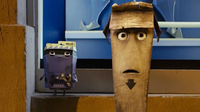 Trash, il film d'animazione italiano dove la plastica prende vita Spark e Slim in una scena del film d'animazione Trash