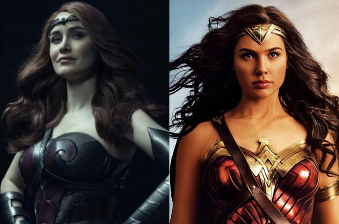 Queen Maeve di The Boys, parodia di Wonder Woman Primi piani di Dominique McElligott e Gal Gadot