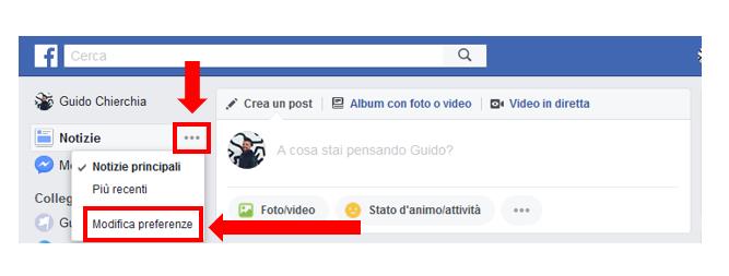 Primo passaggio del secondo modo per attivare Pagine Preferite su Facebook Primo passaggio del secondo modo per attivare Pagine Preferite su Facebook: cliccare 'Modifica preferenze' da 'Notizie'