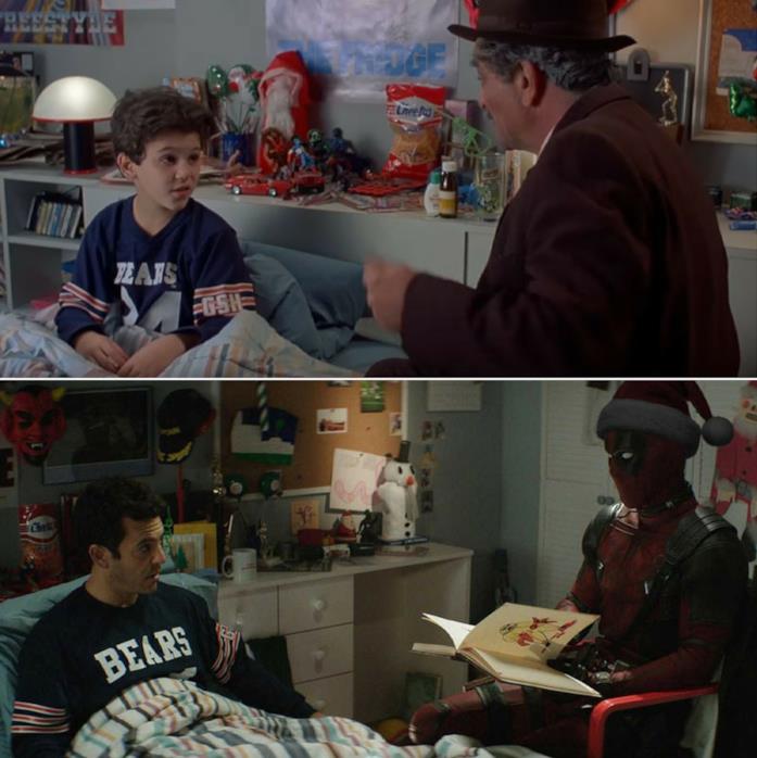 Il confronto delle scene di C'era una volta Deadpool e La storia fantastica Due scene a confronto dei film C'era una volta Deadpool e La storia fantastica con Fred Savage da bambino e da adulto nella stessa posizione.