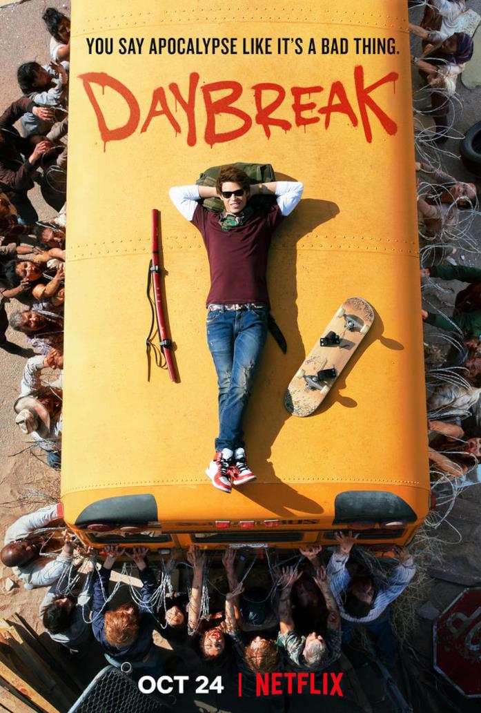 Daybreak, poster della prima stagione della serie Colin Ford con skate e katana su un pulmino della scuola, attorniato da zombie