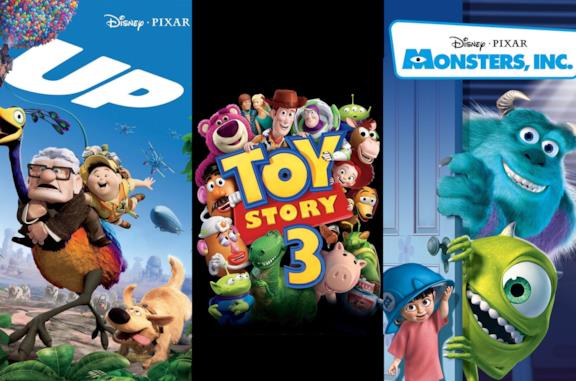 Le locandine dei film Up, Toy Story 3 - La Grande Fuga e Monsters & Co.