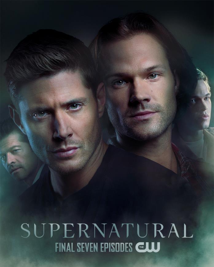 Il poster di Supernatural Primo piano di Misha Collins, Jensen Ackles, Jared Padalecki e Alexander Calvert
