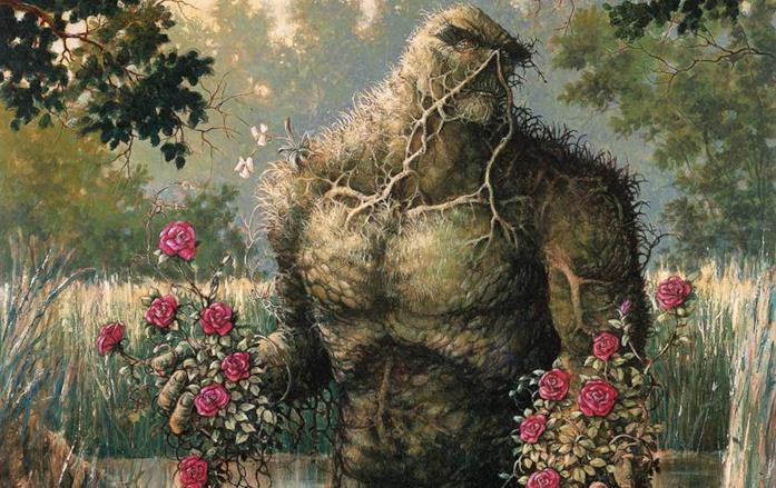 Alan Moore ha gestito in modo geniale e pazzesco i fumetti di Swamp Thing Mezzobusto disegnato di Swamp Thing, in mezzo alla palude e con fiori tra le mani