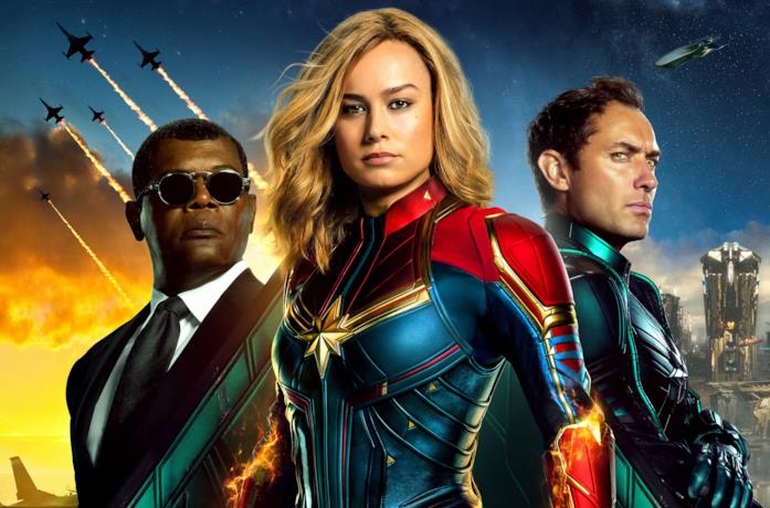Da sinistra Nick Fury, Captain Marvel e Yon-Rogg in un poster promozionale di Captain Marvel