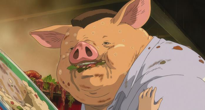 Il padre di Chihiro dopo aver mangiato il cibo della città incantata Il padre di Chihiro trasformato in maiale dopo aver mangiato il cibo della città incantata