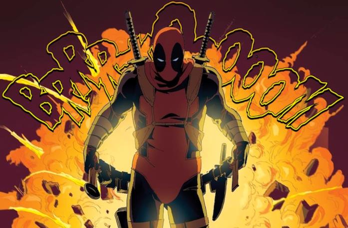Una vignetta del fumetto Deadpool uccide l'universo Marvel Deadpool con alle spalle un'esplosizone enorme