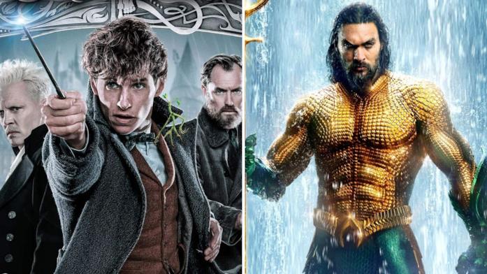 A sinistra Gellert Grindelwald, Newt Scamander e Albus Silente, a destra Aquaman