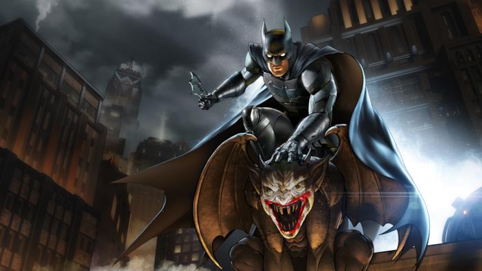Batman cavalca un gargoyle in Batman: The Enemy Within
