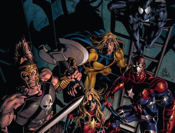 Alcuni dei membri più iconici dei Dark Avengers, in missione Cover di Dark Avengers Vol. 2: Molecule Man