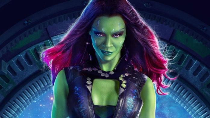 Un primo piano di Zoe Saldana nei panni di Gamora