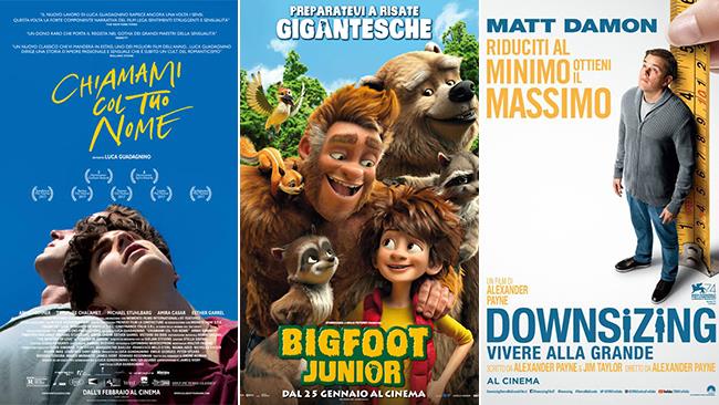 I poster dei film Chiamami col Tuo Nome, Bigfoot Junior, Downsizing - Vivere alla Grande