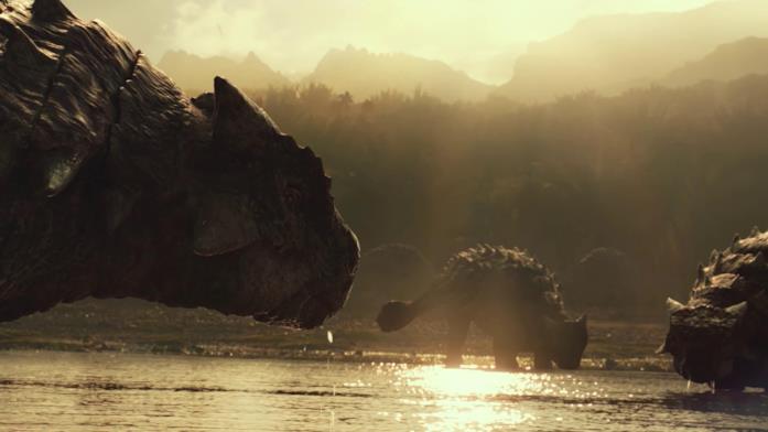 Una scena inedita di Jurassic World: Dominion Primo piano di un gruppo di Anchilosauri in Dominion