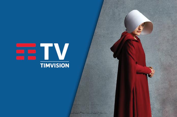 A sinistra il logo di TIMVISION, a destra un'immagine promozionale di The Handmaid's Tale