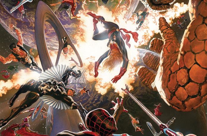Gli eroi Marvel in uno degli scontri di Secret Wars Dettaglio della cover di Secret Wars