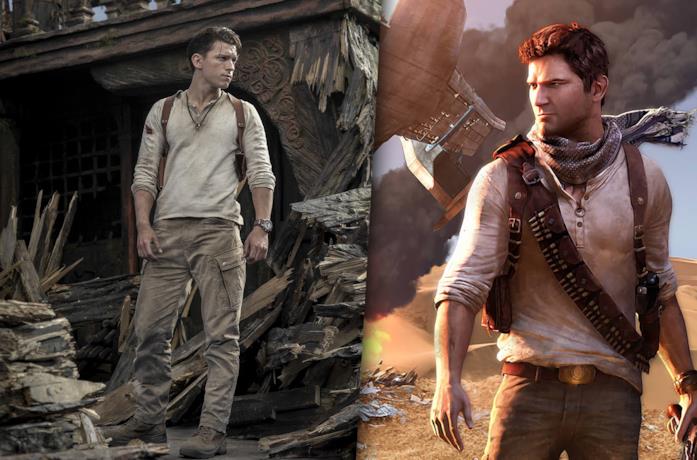 A sinistra Tom Holland sul set di Uncharted, a destra la copertina di Uncharted 3