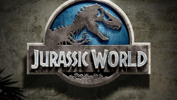 Il logo di Jurassic World grigio, bianco e azzurro