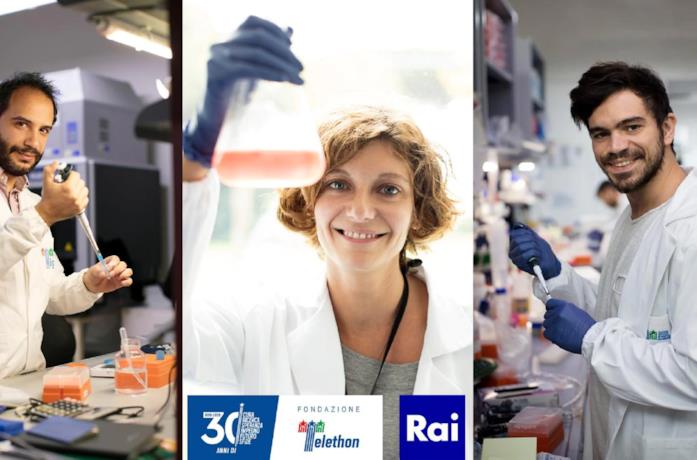 Tre ricercatori nell'immaginale promozionale di Telethon 2020