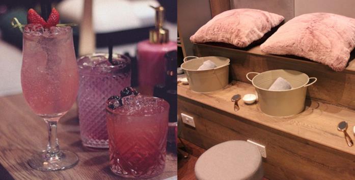 Primo piano di cocktail e una delle sale per trattamenti della Gin Spa di Glasgow