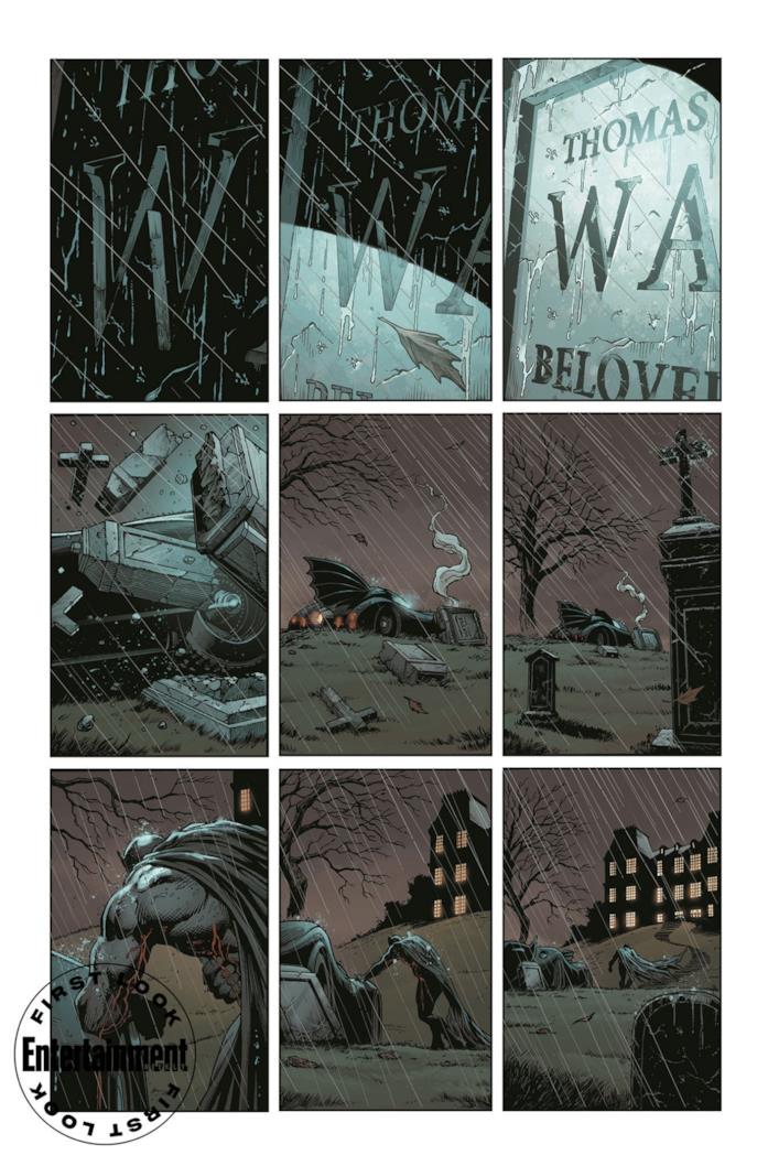 Batman: Three Jokers presenta tre clown diversi Bruce fa visita alla tomba del padre in una tavola di Batman: Three Jokers