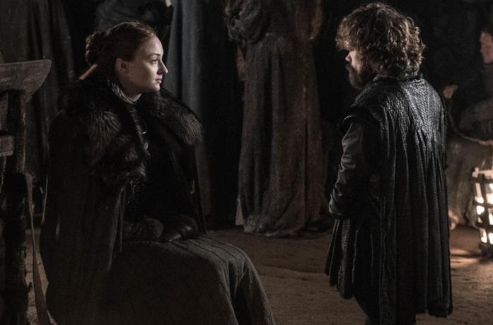 Sophie Turner e Peter Dinklage in Game of Thrones 8