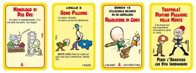 Un esempio di quattro carte di Super Munchkin Quttro carte di Super Munchkin provenienti dalla versione base e dall'espansione