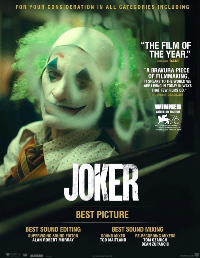 Warner Bros. Pictures ha rilasciato due poster dichiarando le categorie degli Oscar per le quali concorrerà Joker Il secondo poster di Joker per gli Oscar