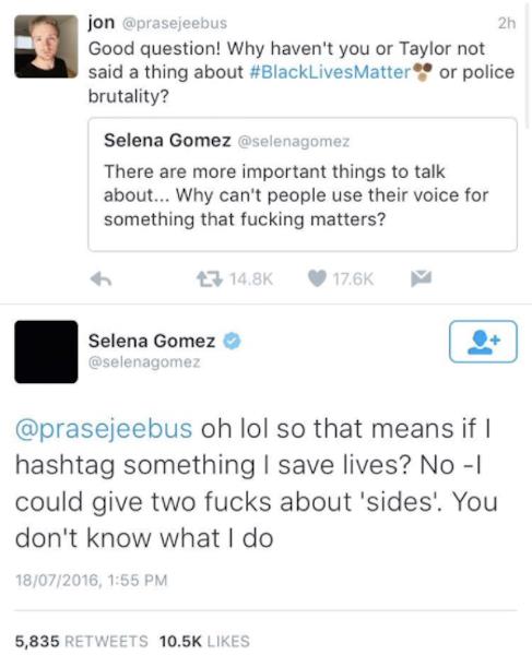 Selena Gomez si pronuncia sulla polemica tra Kim Kardashian e Taylor Swift Immagine dei tweet di Selena Gomez ora rimossi