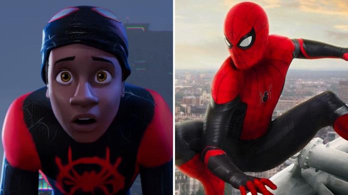 A sinistra Miles Morales nel film animato Un nuovo universo, a destra Peter Parker in Far From Home