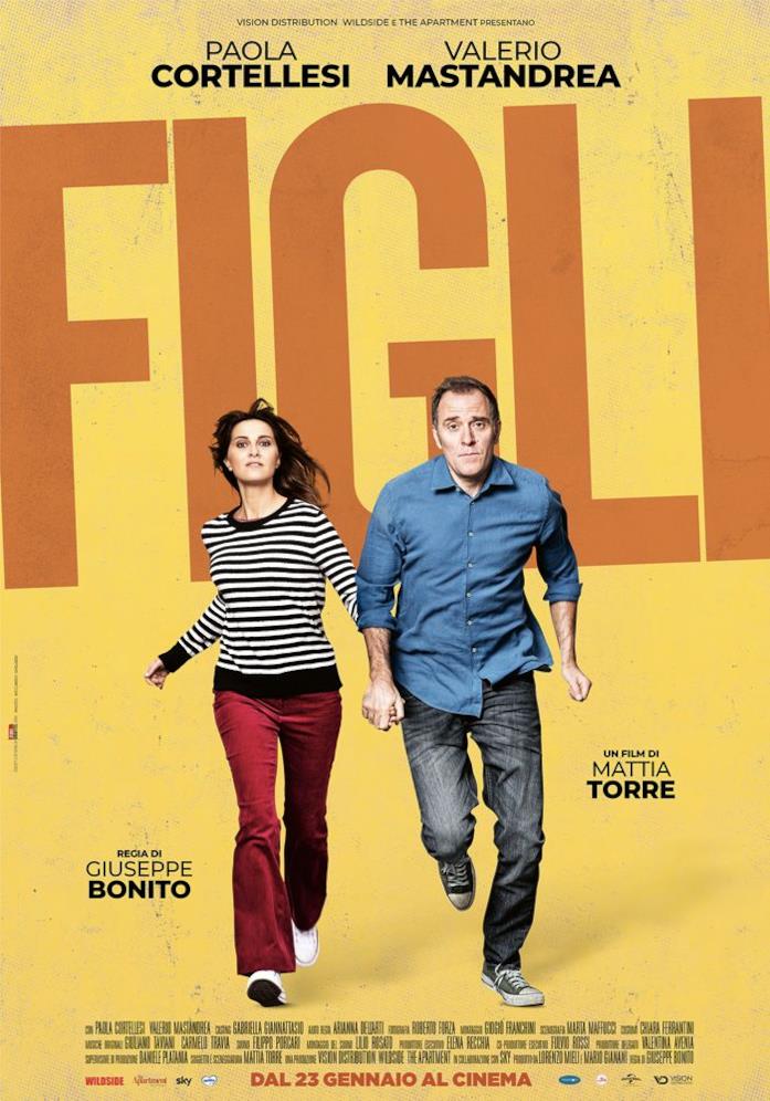 La locandina di Figli, commedia con Valerio Mastandrea e Paola Cortellesi Il poster di Figli, la commedia sceneggiata da Mattia Torre