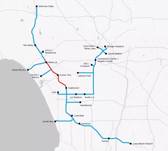 The Boring Company, il sistema sotterraneo per la città di Los Angeles La mappa del sistema sotterraneo studiata da The Boring Company per Los Angeles