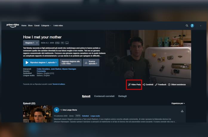 Il pulsante "Video Party" Una schermata di Amazon Prime Video con il tasto Video Party