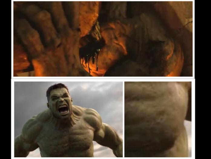 In Thor: Ragnarok c'è un riferimento a The Incredible Hulk con Edward Norton La ferita sul petto di Hulk in The Incredible Hulk (sopra) e Thor: Ragnarok (sotto)